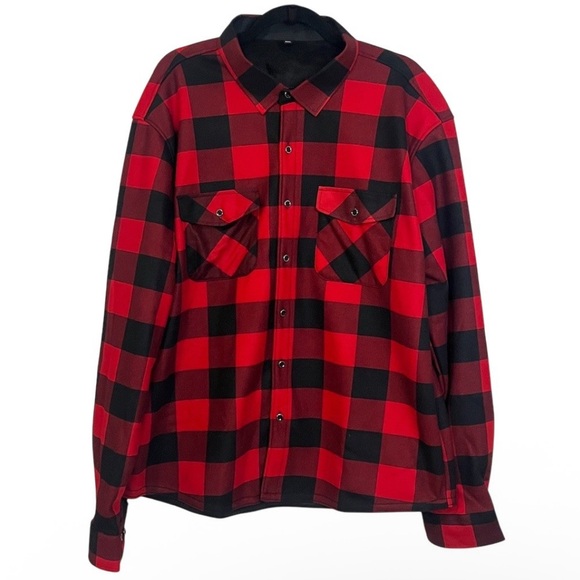 Men's Shirt Jacket XXL Red & Black Buffalo Plaid Fleece Lined Winter Hiking - Picture 2 of 15